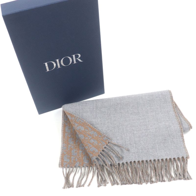 DIOR Homme Wool Cashmere Oblique Pattern Reversible Fringe Scarf Shawl Gray