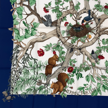 Hermes Carre 90 Silk U Coeur DES BOIS In The Woods Scarf Navy