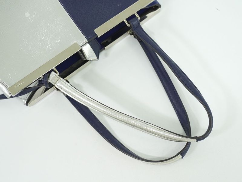 Authentic Fendi Trois Jour Bicolor Tote Handbag PVC Leather Navy Silver 8bh272