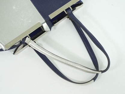 Authentic Fendi Trois Jour Bicolor Tote Handbag PVC Leather Navy Silver 8bh272