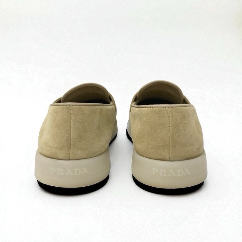 Prada Loafers Leather Shoes Suede Beige Gold Triangle Logo