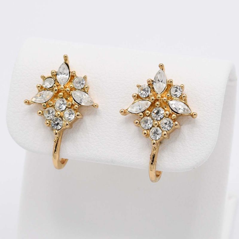 Christian DIOR Earrings Rhinestone Gold Color Accessories Women H8627