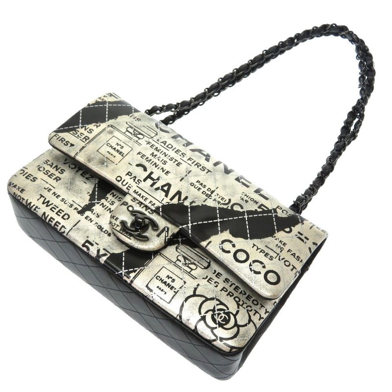 Chanel Matelasse 25 Double Flap 21 Leather Silver Black Chain Shoulder Bag Coco