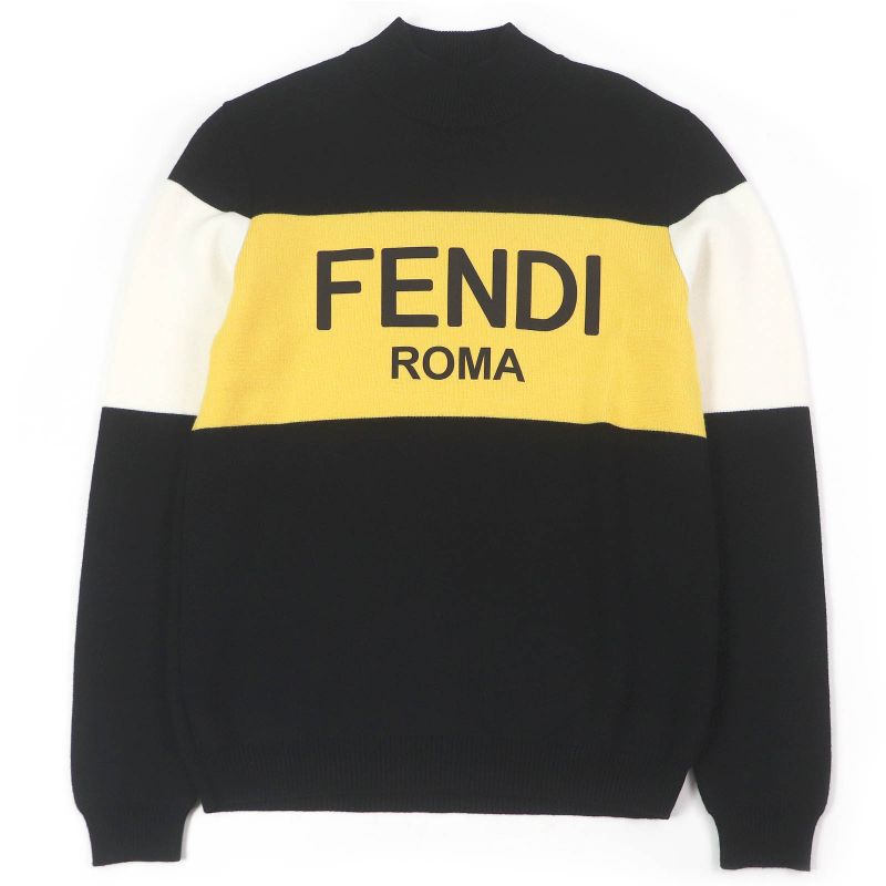 Fendi Fae541 100% Wool Mock Neck Block Collar Logo Print Knit Sweater Blackish