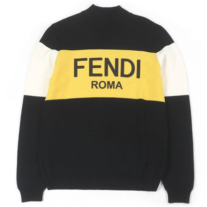 Fendi Fae541 100% Wool Mock Neck Block Collar Logo Print Knit Sweater Blackish