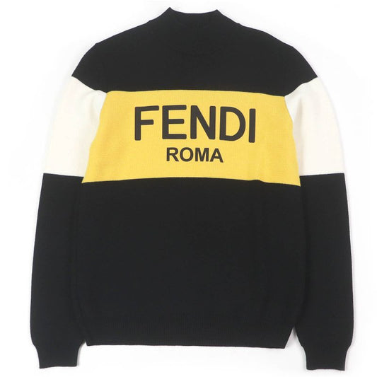 Fendi Fae541 100% Wool Mock Neck Block Collar Logo Print Knit Sweater Blackish