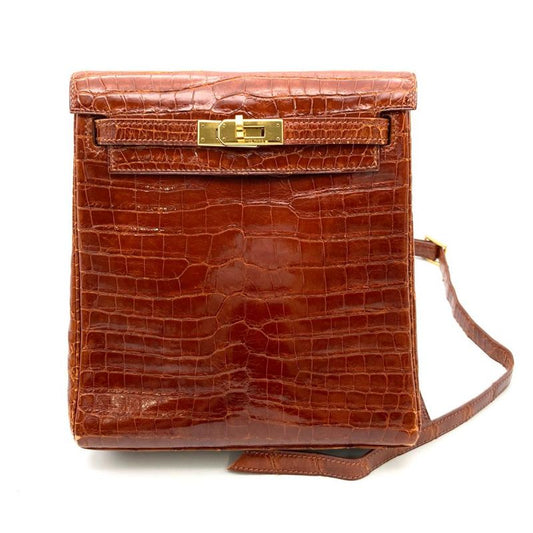 Hermes Kelly Ad PM Backpack Polosus □A Engraved Brown Crocodile Ladies