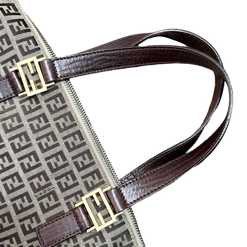 Fendi Tote Bag Canvas Zucca Pattern Leather Brown