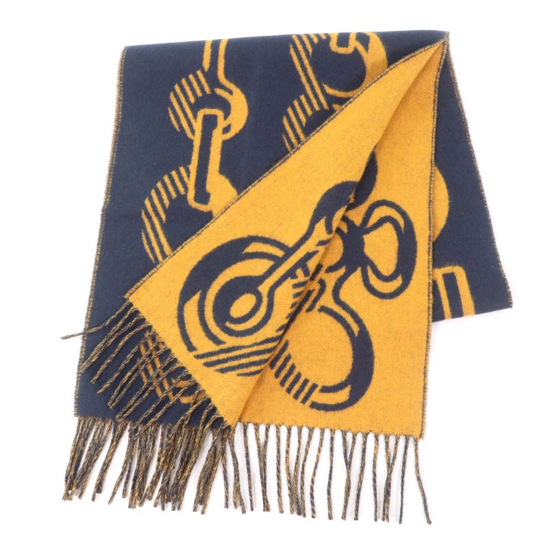 Hermes Dre Buckle Cashmere Echarpe Tisse Fringed Reversible Scarf Navy With Box