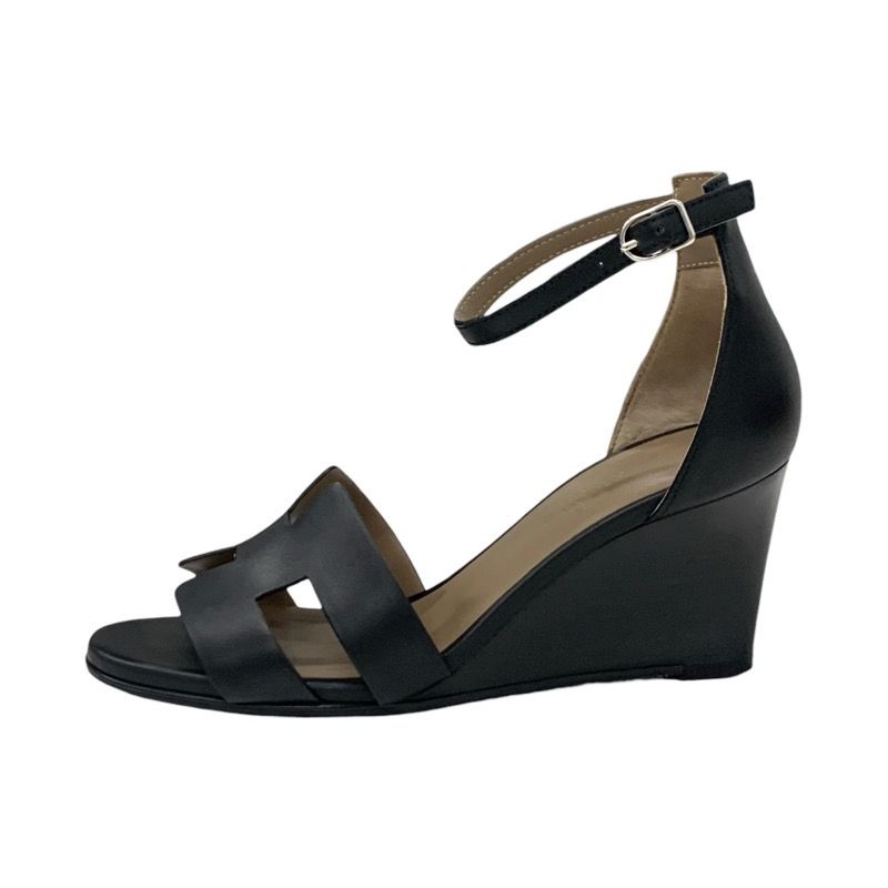 Hermes Legend Sandals Shoes Leather Black Wedge Sole Ankle Strap
