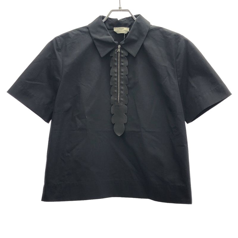 Fendi 15ss Leather Half Zip Design Short Sleeve Top Fs6564 2zm Black 40