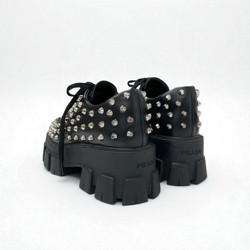 Prada Monolith Loafers Leather Shoes Leather Black Silver Studded Lace Up Shoes