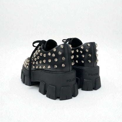 Prada Monolith Loafers Leather Shoes Leather Black Silver Studded Lace Up Shoes
