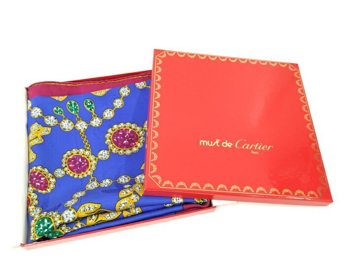 Cartier Scarf Large Size 100% Silk Blue Multicolor