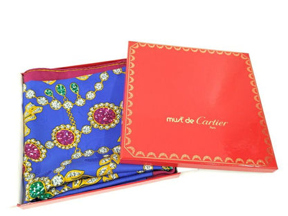 Cartier Scarf Large Size 100% Silk Blue Multicolor