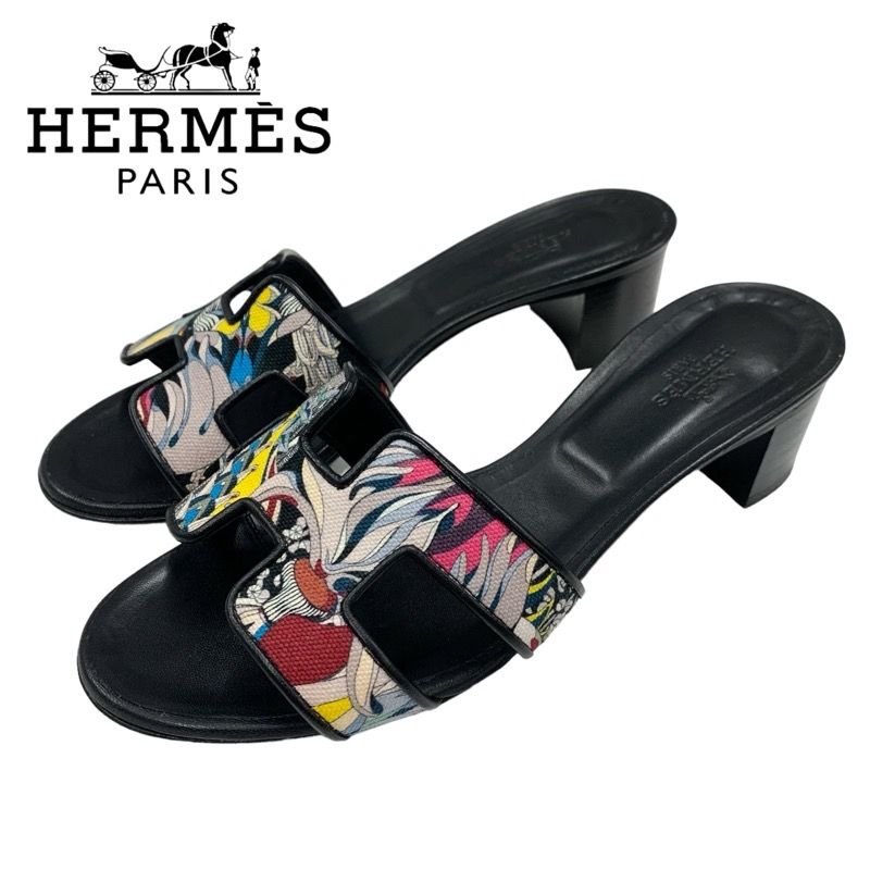 Hermes Oasis Sandals Shoes Leather Fabric Black Multicolor Mules