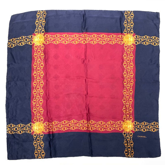 Chanel Silk Scarf Large Size Coco Mark Chain Pattern Burgundy And Navy