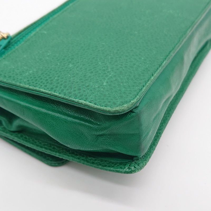 Vintage Chanel Pouch Caviar Skin Green Coco Mark With Sticker