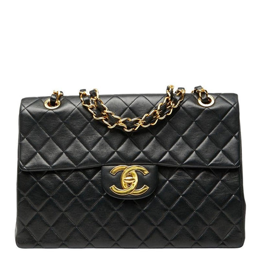 Chanel Coco Mark Deca Matelasse 34 Crossbody Chain Shoulder Bag Black Leather
