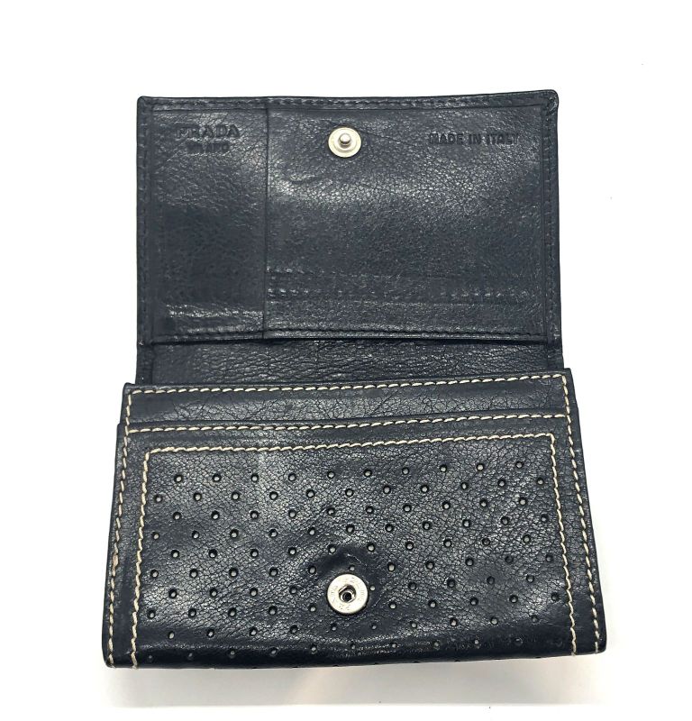 Prada Card Case Business Card Holder Perforated Leather Triangle Logo Black