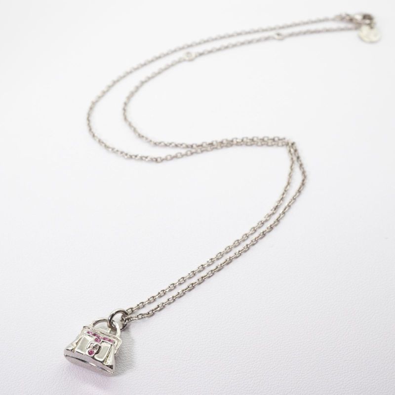 Celine Bag Shape Necklace Silver Pink Stone Bag 24-4636