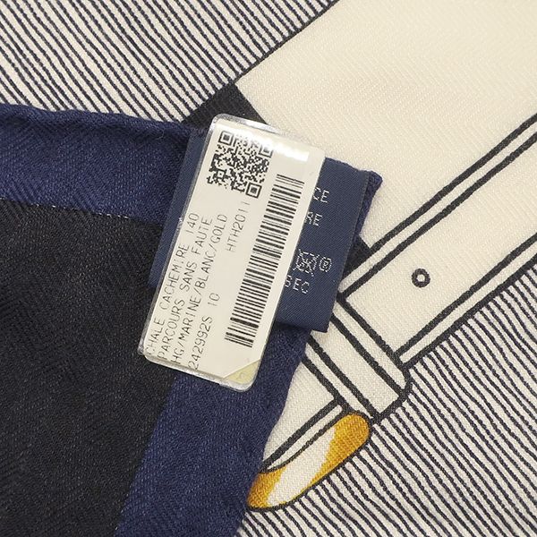 Hermes Shawl Carre 140 Carre Cashmere Silk Marine White and Gold [parcours Sans