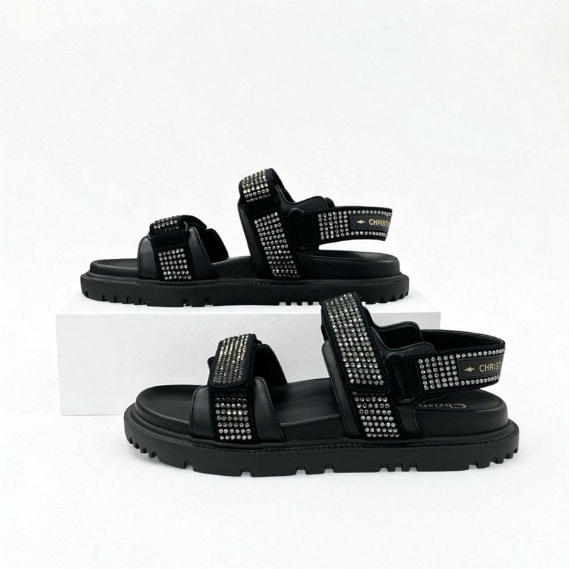 Christian Dior Sandals Shoes Lambskin Black Logo Rhinestone Velcro Strap Sports