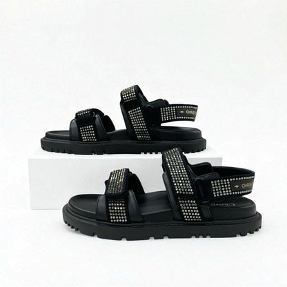 Christian Dior Sandals Shoes Lambskin Black Logo Rhinestone Velcro Strap Sports