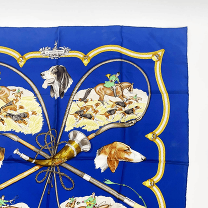 Hermes Carre 90 LE Laisser Courre Hound Blue 100% Silk Scarf