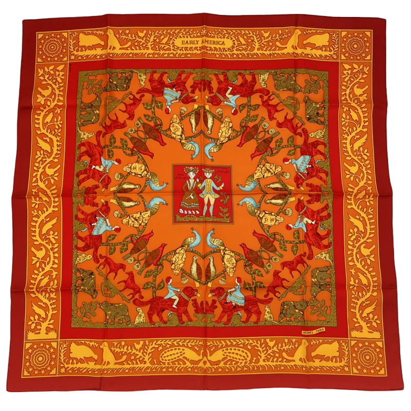Hermes Carre 90 Early America Scarf With Animal Print Of The Good Old USA Silk