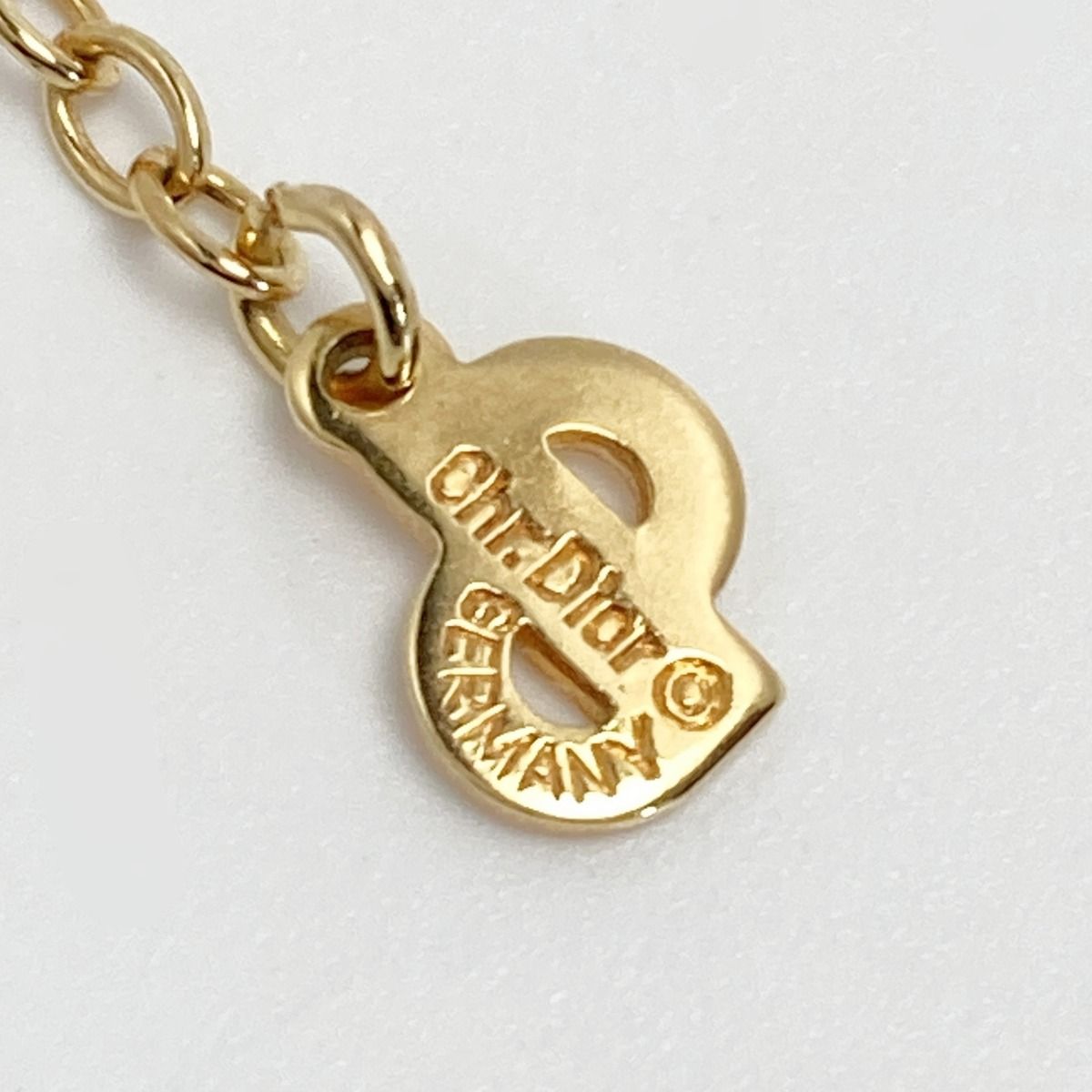Christian Dior Logo Heart Rhinestone Necklace Gold GP
