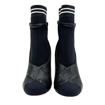 Fendi Rococo Boots Short Boots Shoes Fabric Leather Black White Black Logo Sock