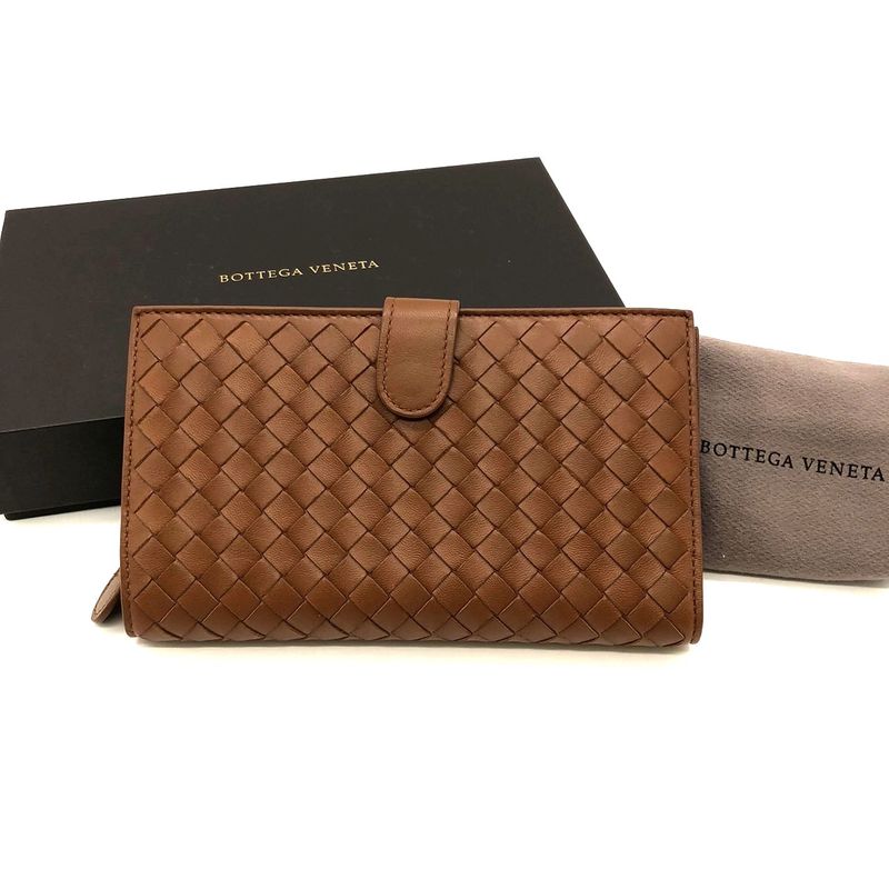 Bottega Veneta Intrecciato Foldable Wallet Brown Leather Men Women Fashion