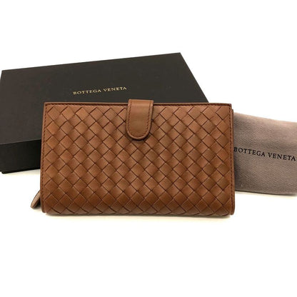 Bottega Veneta Intrecciato Foldable Wallet Brown Leather Men Women Fashion