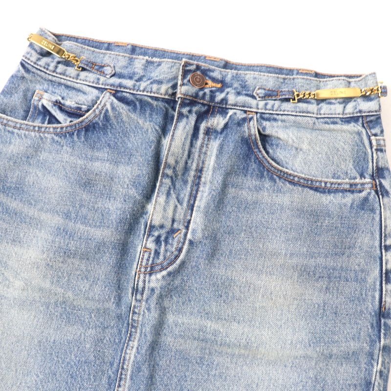 Celine S195 571Q 08YC Cotton Washed Denim Skirt With Logo Plate Chain Indigo 28