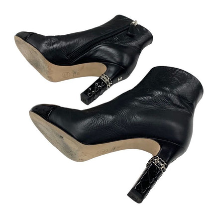 Chanel Boots Short Boots Shoes Leather Patent Black Silver Here Mark Chain