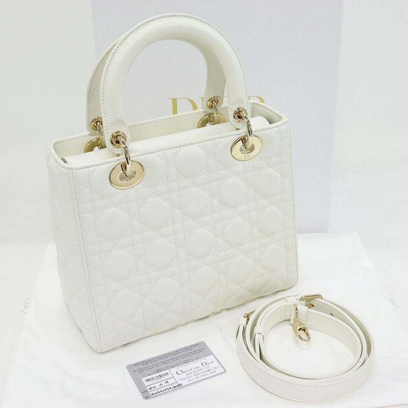 Christian Dior Handbag Shoulder Bag Lady Dior Medium Lambskin White Gold