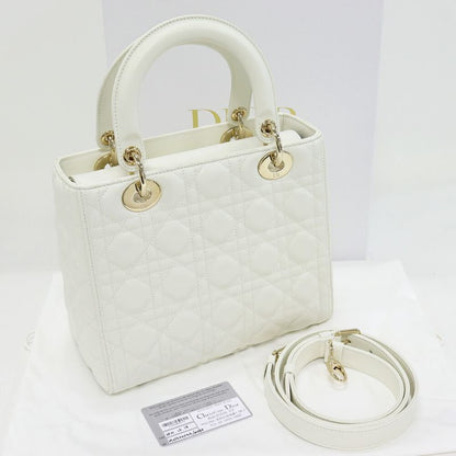 Christian Dior Handbag Shoulder Bag Lady Dior Medium Lambskin White Gold