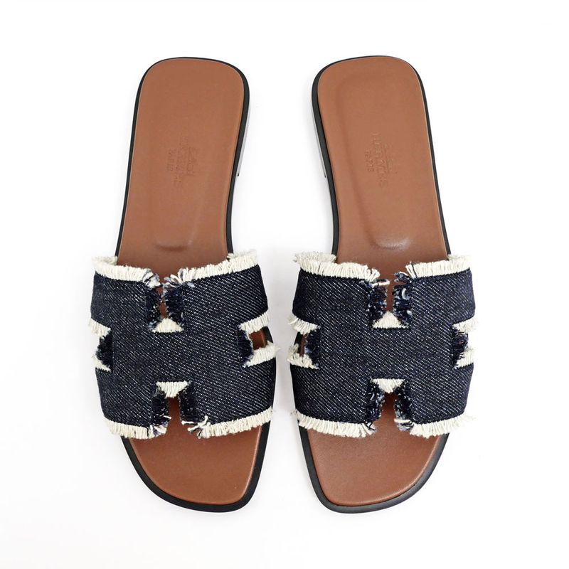 Hermes Oran Fringe BL Denim Navy-brown Size 36 Sandals Shoes Ladies