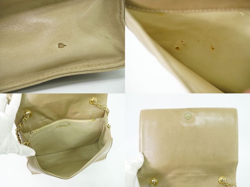 Authentic Chanel Matelasse Coco Mark Chain Shoulder Bag Lambskin Leather Beige