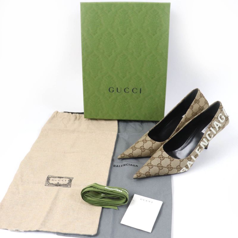 Gucci Balenciaga 676603 Pointed Toe GG Canvas Pumps Brownish 36 With Box And