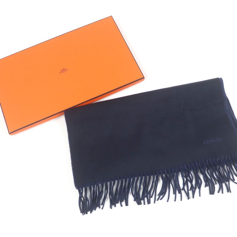 Hermes 100% Cashmere Logo Embroidery Embroidered Fringe Scarf Shawl Navy With