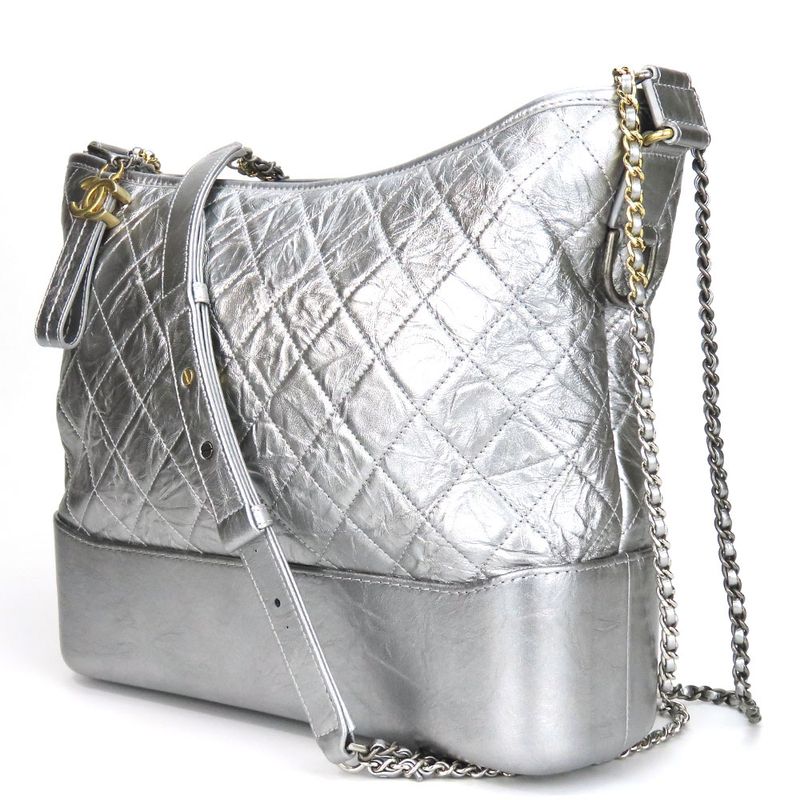 Chanel Shoulder Bag Gabrielle A93824 Chain Large Hobo Leather Silver Metallic