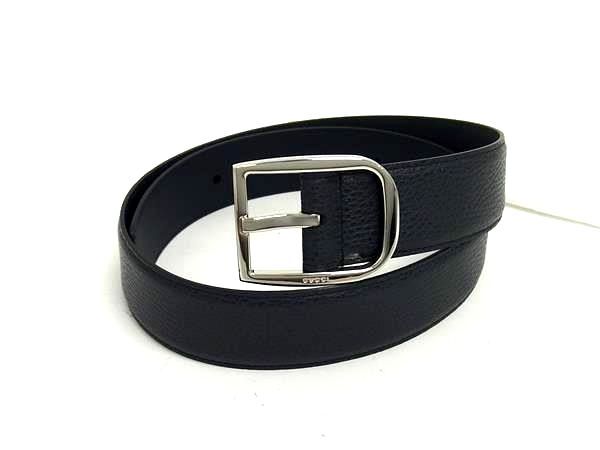 Gucci 449716 Cao0n Leather Silver Hardware Belt Size 85.34 Mens Dark Navy