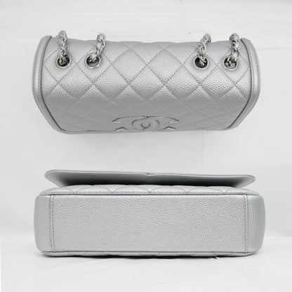 Chanel Small Chain Shoulder Bag Filigree Caviar Skin Silver Hardware