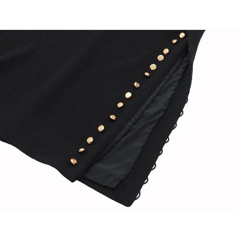 Gucci Wool Dress Short Sleeves Round Neck Slit Black Gold Tone GG Button #40