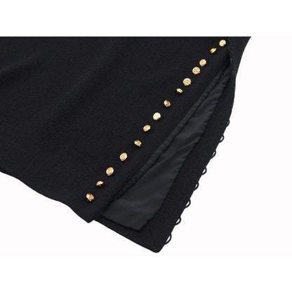 Gucci Wool Dress Short Sleeves Round Neck Slit Black Gold Tone GG Button #40