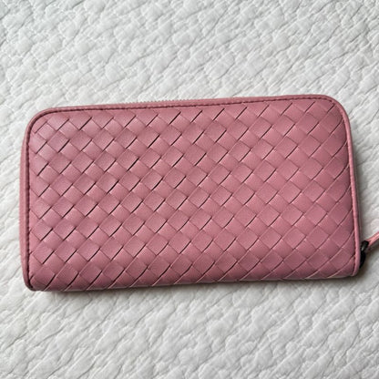 Bottega Veneta Intrecciato Round Zipper Long Wallet Leather Pink Ladies Luxury