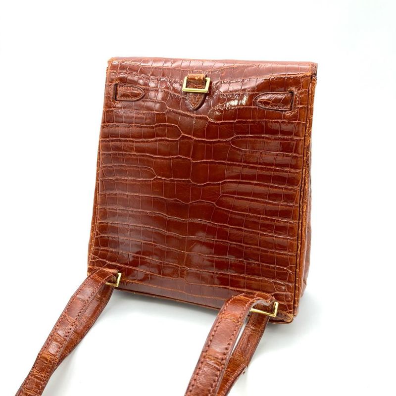Hermes Kelly Ad PM Backpack Polosus □A Engraved Brown Crocodile Ladies