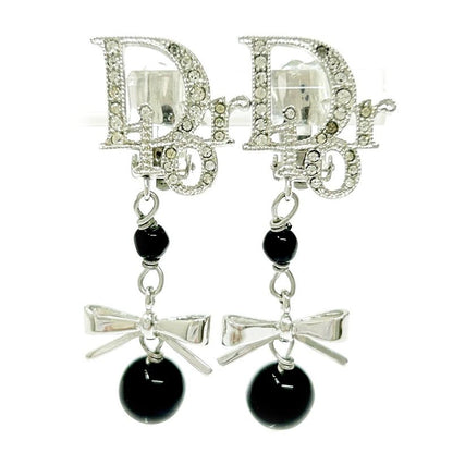 Christian Dior Metal Rhinestone Dior Logo Swing Ribbon Earrings Silver 291225